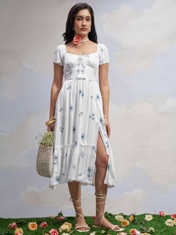 VISHUDH - White Viscose Rayon Floral Dress