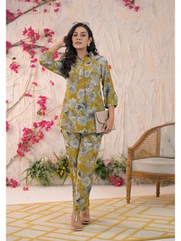 Roohaniyat - Womens Green Paper Silk All Over Print Sheen Co-Ord (Set of 2)