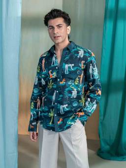 Freedom Tree - Men Fragrant Journey Lucid Teal Comfort Narrative Print Regular Fit Casual Shirt
