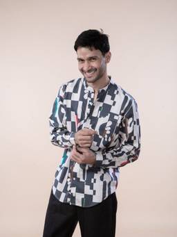 Freedom Tree - Men Palmyrah Shadow Abstract Printed Cotton Satin Relaxed Fit Casual Shirt