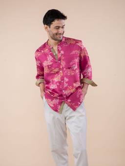 Freedom Tree - Men Wilderness Song Sangria Red Linen Satin Relaxed Fit Floral Print Casual Shirt
