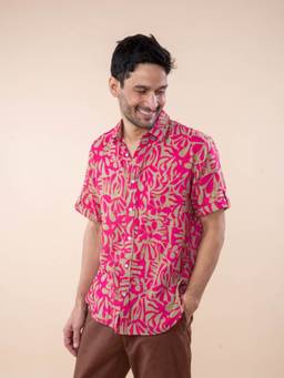 Freedom Tree - Men Puzzle Tree Resort Merlot Pink Cotton Relaxed Fit Printed Casual Shirt