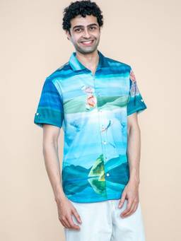 Freedom Tree - Men Pangong Lake Water Blue Cotton Satin Relaxed Fit Printed Casual Shirt