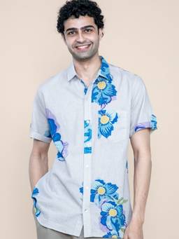 Freedom Tree - Men Himalayan Poppy Resort Blue Cotton Floral Print Regular Fit Casual Shirt