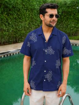 Perch - Blue Embroidered Pre-Washed Linen Cotton Shirt