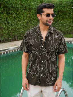 Perch - Olive Pre-Washed Embroidered Linen Cotton Shirt