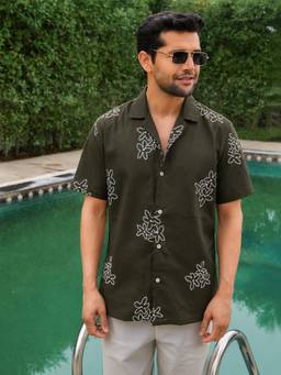 Perch - Olive Embroidered Pre-Washed Linen Cotton Shirt