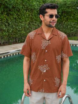 Perch - Rust Pre-Washed Embroidered Linen Cotton Shirt