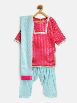SAKA DESIGNS - Magenta Kurta with Lace and Foil Print Salwar and Dupatta (Set of 3)