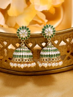 Estele - Gold Tone Traditional Green Meenakari Jhumki Earring with Pearls for Women