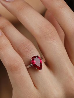 CLARA - 925 Silver Rhodium Plated Swiss Zirconia Blood Red Tear Drop Adjustable Ring For Women & Girls