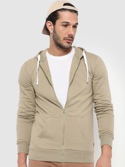 Campus Sutra - Zipper Solid Sleeve Hooded Sweatshirt