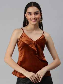 SHOWOFFFF - Women Shoulder Straps Sleeveless Self Design Brown Top