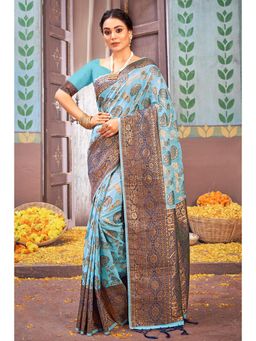 Sangam Prints - Sky Blue Cotton Woven Zari Work Traditional Tassel Saree with Unstitched Blouse