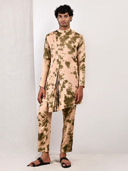 Bohame - Theo Beige And Green Pleated Kurta (set Of 2)