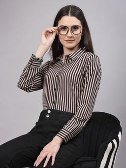 Style Quotient - Women Nude And Black Striped Regular Formal Shirt