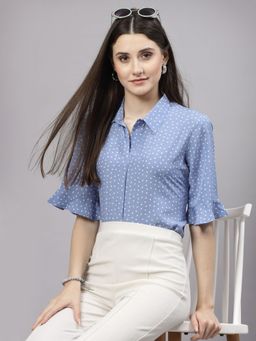 Style Quotient - Women Smart Blue and White Polka Dot Flare Sleeve Top