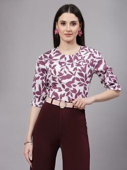 Style Quotient - Women Mauve And White Floral Printed Regular Smart Casual Top