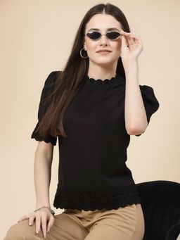 Style Quotient - Women Solid Black Polycrepe Smart Casual Top