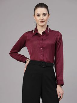 Style Quotient - Women Maroon Self Design Polyester Satin Party Shirt