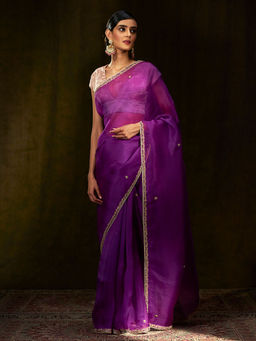 WeaverStory - Purple Hand Embroidered Organza Saree With Zardozi Border