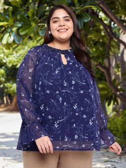 Martini - Navy Blue Curve Plus Size Ruffled Sleeve Top