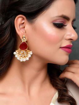 Silvermerc Designs - Gold Plated Red Stone Studded Pearl Beaded Drop Earrings
