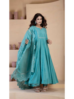 Ritivesh - Stunning Blue Hand Embroidered Anarkali Kurta with Pant and Dupatta (Set of 3)