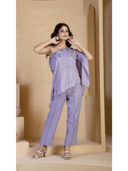 Ritivesh - Asymmetrical Lavender Hand Embroidered Top with Pant (Set of 2)