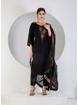 Ritivesh - Black Hand Embroidered Organza Kurta with Pant and Dupatta (Set of 3)