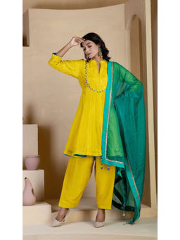 Ritivesh - Bright Yellow Hand Embroidered Kurta with Pant and Dupatta (Set of 3)