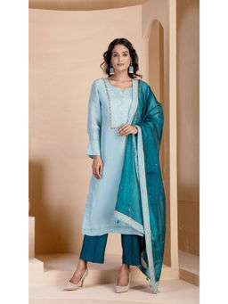 Ritivesh - Light Steel Blue Hand Embroidered Kurta with Pant and Dupatta (Set of 3)