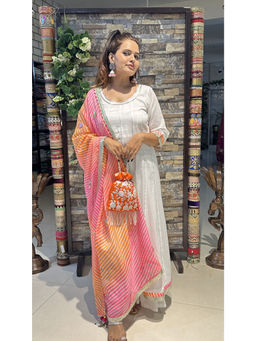 Ritivesh - White Kurta with Sharara and Leheriya Dupatta (Set of 3)