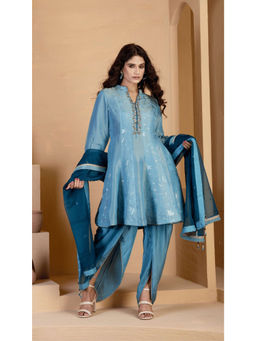 Ritivesh - Steel Blue Kalidar Kurta With Steel Blue Dhoti and Dupatta (Set of 3)
