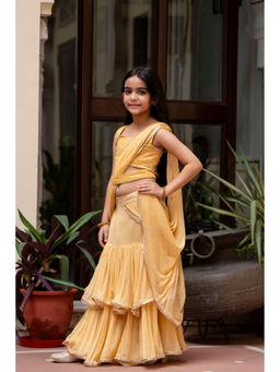 Cutiediva - Cream Dyed Printed Ready To Wear Pre Draped Saree with Choli