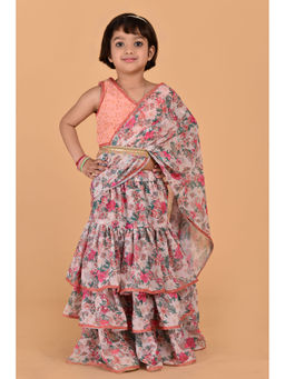 Cutiediva - Girls Peach Ready To Wear Floral Saree with Schlifley Blouse