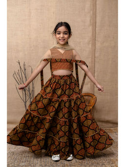 Cutiediva - Girls Green Printed Lehenga Choli with Dupatta (Set of 3)