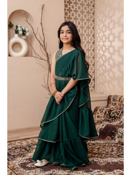 Cutiediva - Girls Green Pre Draped Ready To Wear Saree