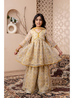 Cutiediva - Girls Mustard Embroidered Kurta & Sharara with Dupatta (Set of 3)
