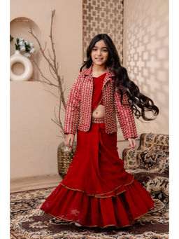 Cutiediva - Girls Red Pre Draped Ready To Wear Saree with Jacket (Set of 3)