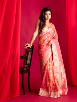 Beatitude - Pink Banarasi Saree with Unstitched Blouse