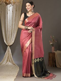 Akhilam - Womens Cotton Blend Pink Woven Designer Saree with Unstitched Blouse