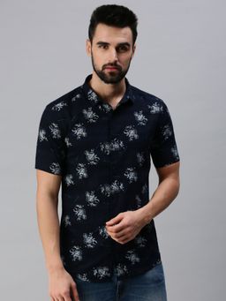 SHOWOFF - Men Casual Collar Neck Navy Blue Floral Shirt