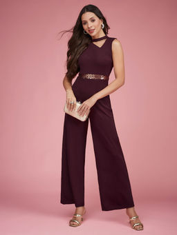 Miss Chase - Women's Wine Asymmetric Neck Cut-Out Regular Length Jumpsuit