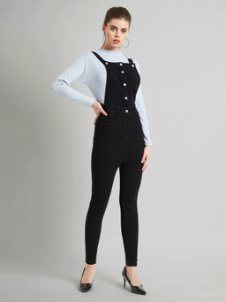 Miss Chase - Women's Black Skinny High Rise Clean Look Regular Stretchable Denim Dungaree