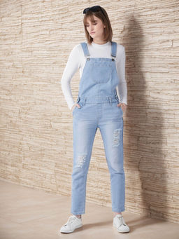 Miss Chase - Women's Light Blue Regular Fit Regular Length Ripped Denim Dungaree