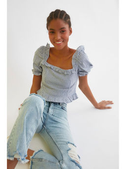 Trendyol - Navy Gingham Puff Sleeve Top