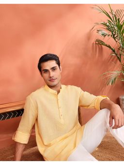 Fabindia - Men's Fabindia Yellow Cotton Chikankari Short Kurta