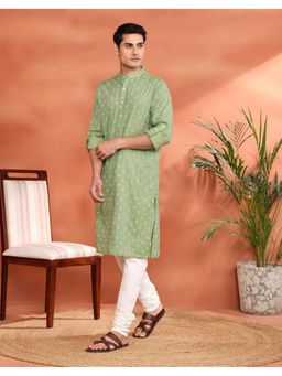 Fabindia - Men's Fabindia Green Cotton Hand Block Print Long Kurta
