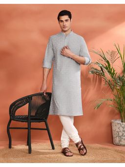 Fabindia - Men's Fabindia Grey Cotton Hand Block Print Long Kurta
